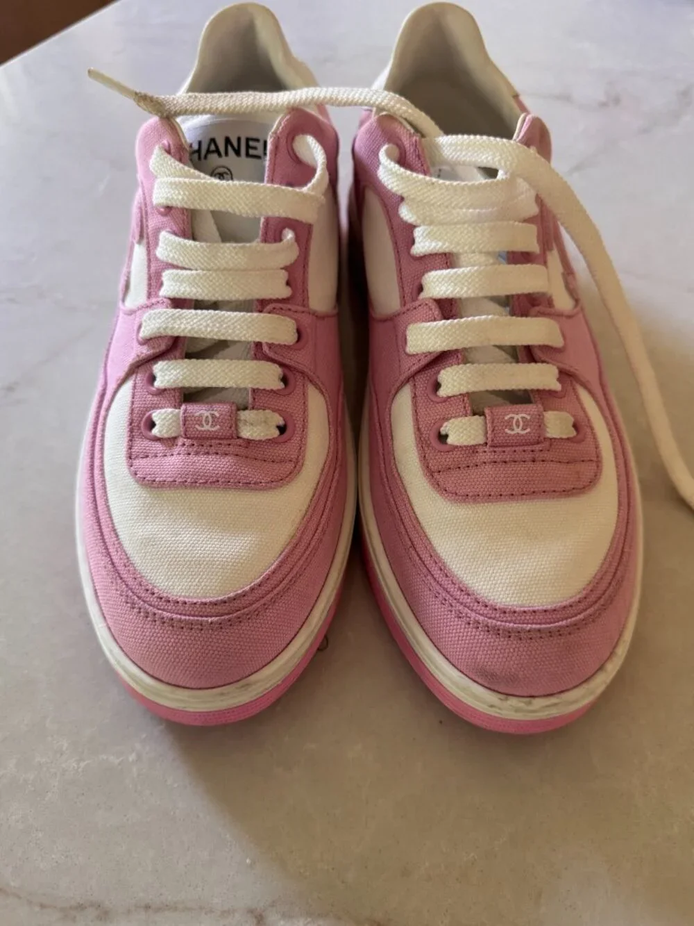 Chanel Interlocking CC Logo Canvas Sneakers — Pink/White Reference G45352
